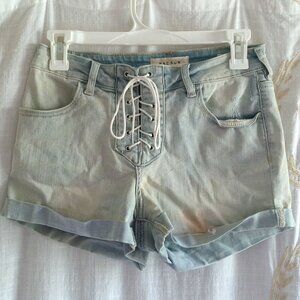 PacSun High Waisted Super Stretch Distressed Denim Shorts Ribbon Tie Size 27